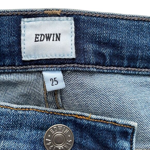 Edwin Cassia Mini Boot Jeans Mid-Rise Cropped Distressed Flare Leg Blue Size 25 - Picture 5 of 7